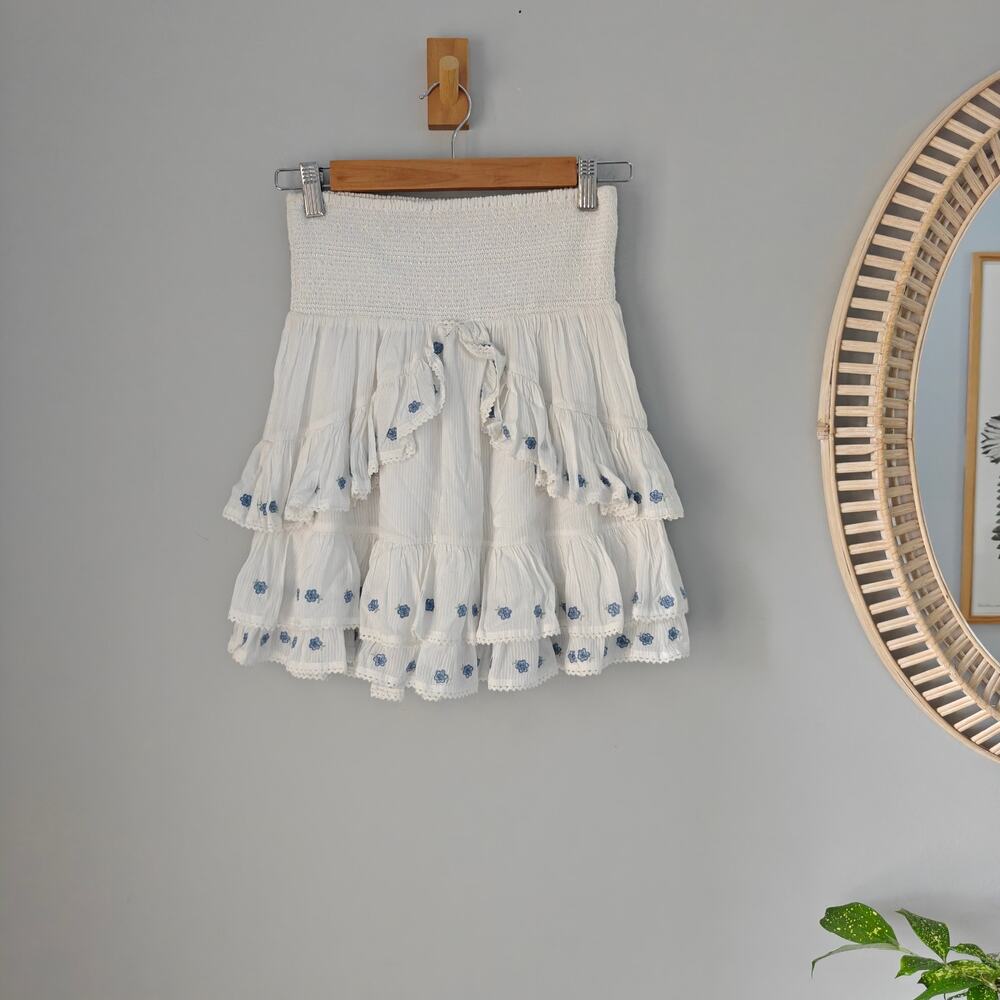 Tularosa Brianna Embroidered Ruffle Mini Skirt White Blue XS Revolve